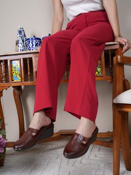 Dollphin - Women Brown Leather Wedge Heel Back Open Mules