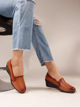 Dollphin - Women Tan Leather Wedge Heel Pumps