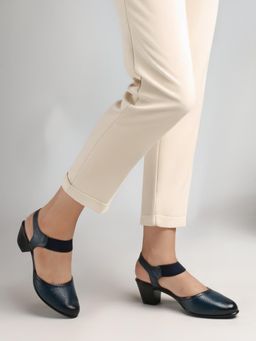 Dollphin - Women Navy Blue Leather Block Backstrap Sandal Heels