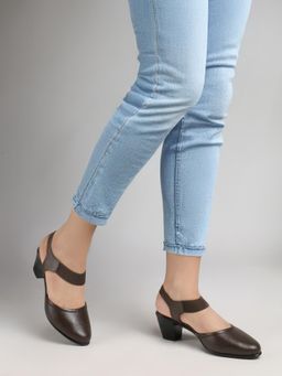 Dollphin - Women Brown Leather Block Backstrap Sandal Heels