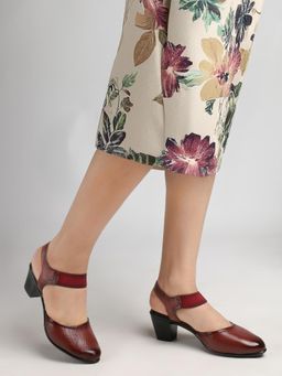 Dollphin - Women Maroon Leather Block Backstrap Sandal Heels