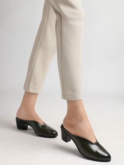 Dollphin - Women Green Leather Block Heel Back Open Mules