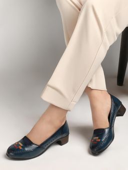 Dollphin - Women Navy Blue Leather Block Heel Pumps