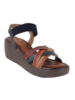 Dollphin - Women Navy Blue Leather Block Sandal Heels