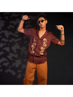 RE-FYND - Maroon Mirage - Embroidered Satin Cotton Shirt