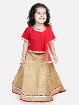 BownBee - Front Open Cotton Top with Jacquard Lehenga for Girls - Red (Set of 3)