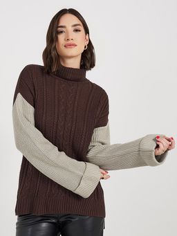Styli - Women Brown Oversized Colorblock Sweater