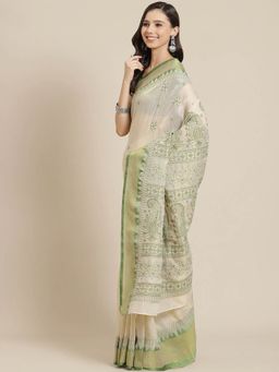 ADA - Hand Embroidered Green Kota Traditional Lucknow Chikan Saree with Unstitched Blouse A311331