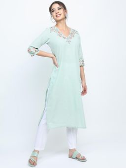VISHUDH - Women Green Ethnic Motifs Embroidered Thread Work Cotton Kurta