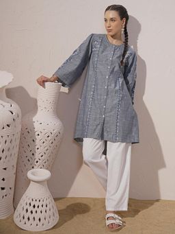 VISHUDH - Women Blue Chambray Embroidered A-Line Kurta