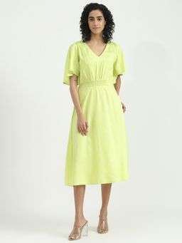 United Colors of Benetton - Viscose Green Solid V-Neck Women Dress