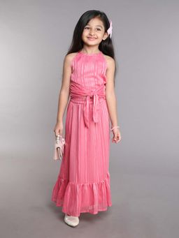 Taffy - Front Tie Up Sleeveless Crop Top with Matching Skirt - Pink (Set of 2)