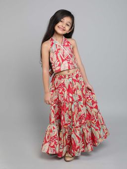 Taffy - Printed Halter Neck Ethnic Top & Matching Tier Skirt - Red (Set of 2)