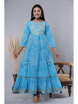Juniper - Sky Blue Cotton Leheriya Printed Anarkali Dress with Embroidered Yoke