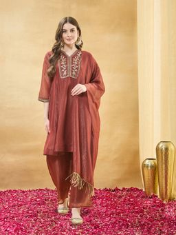 MOKOSH - Women Maroon Silk Embellished Kurta with Trouser and Dupatta
