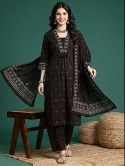 ANAISA - Women Black Cotton Floral Kurta with Pant and Dupatta