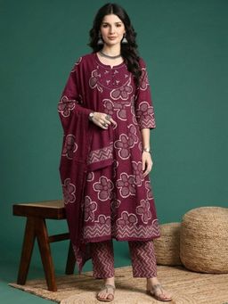 ANAISA - Women Maroon Cotton Printed Kurta with Pant and Dupatta