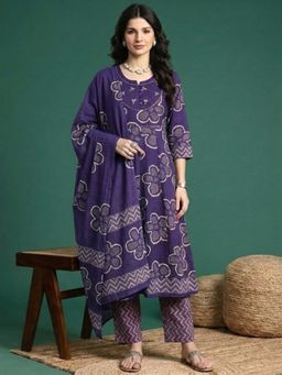 ANAISA - Women Purple Cotton Printed Kurta with Pant and Dupatta