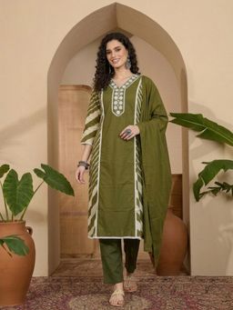 ANAISA - Women Green Cotton Stripes Kurta with Pant and Dupatta