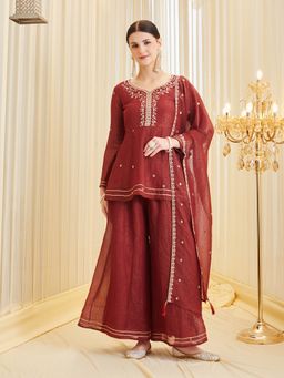 MOKOSH - Women Maroon Silk Embroidered Kurta with Palazzo and Dupatta