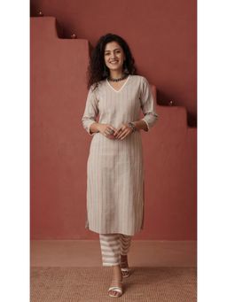 Jaipur Kurti - Women Beige Cotton Lurex Striped Kurta and Pant