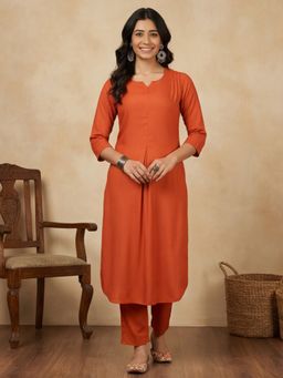 Jaipur Kurti - Women Rust Pleated Straight Kurta with Pant