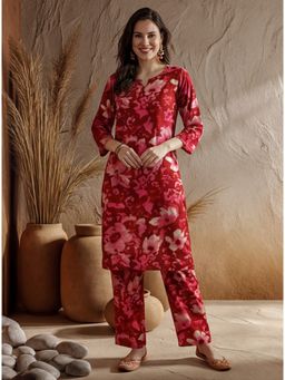 Jaipur Kurti - Women Red Floral Printed Straight Kurta and Pant