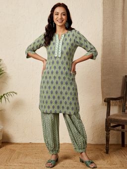 Jaipur Kurti - Women Green Ethnic Motifs Printed Kurta with Salwar