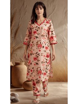 Jaipur Kurti - Women Peach Floral Printed Straight Kurta with Pant