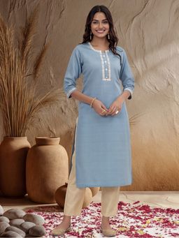 Jaipur Kurti - Women Blue Self Woven Dori Embroidered Kurta and Pant