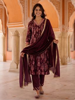 Jaipur Kurti - Women Wine Mirror Embroidered Flared Kurta with Pant and Dupatta