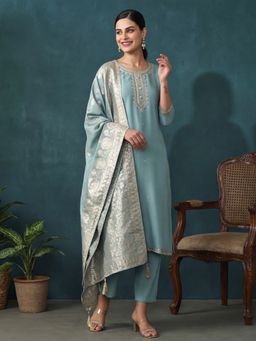 Jaipur Kurti - Women Blue Embroidered Straight Kurta with Pant and Dupatta