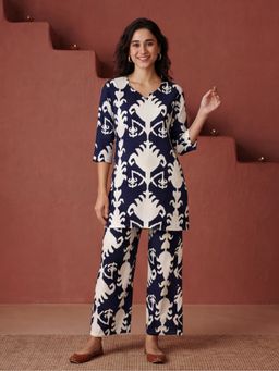 Jaipur Kurti - Women Navy Blue Ethnic Printed Straight Kurta and Pant