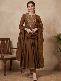 Jaipur Kurti - Women Brown Embroidered Flared Kurta with Pant and Dupatta