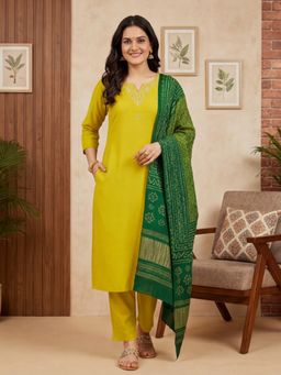Jaipur Kurti - Women Yellow Floral Embroidered Straight Kurta with Pant and Dupatta