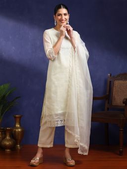 Jaipur Kurti - Women Off White Embroidered Straight Kurta with Pant and Dupatta