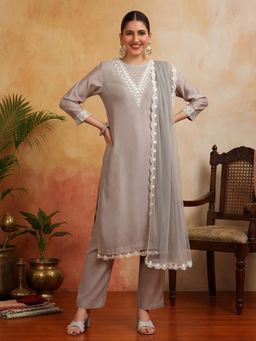 Jaipur Kurti - Women Grey Embroidered Straight Kurta with Pant and Dupatta