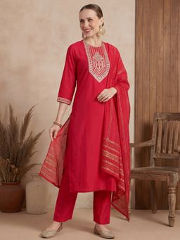 Jaipur Kurti - Women Red Ethnic Motifs Yoke Design Straight Kurta with Pant and Dupatta