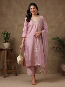 Jaipur Kurti - Women Pink Ethnic Motifs Yoke Design Straight Kurta with Pant and Dupatta