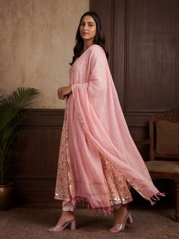 Jaipur Kurti - Women Pink Ethnic Motifs Printed Flared Kurta with Pant and Dupatta