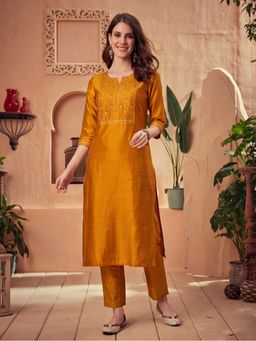 Jaipur Kurti - Women Mustard Embroidered Kurta and Pant