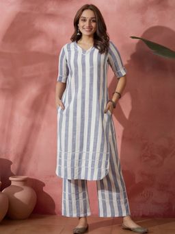 Jaipur Kurti - Women White Striped Printed Straight Kurta and Pant
