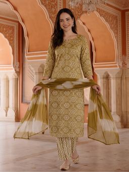 Jaipur Kurti - Women Mustard Ethnic Printed Kurta with Pant and Dupatta