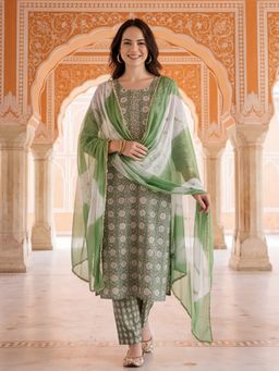 Jaipur Kurti - Women Green Ethnic Floral Printed Kurta with Pant and Dupatta