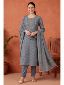Jaipur Kurti - Women Grey Printed Straight Kurta with Pant and Dupatta