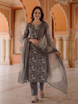 Jaipur Kurti - Women Grey Ethnic Printed Kurta with Pant and Dupatta