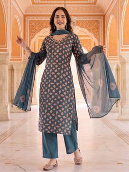 Jaipur Kurti - Women Teal Floral Printed Kurta with Pant and Dupatta