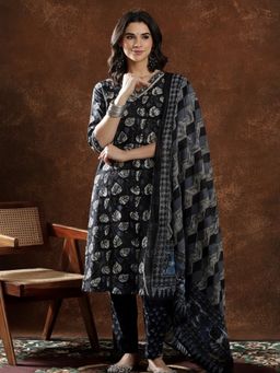 Jaipur Kurti - Women Black Embroidered Straight Kurta with Pant and Dupatta
