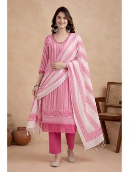 Jaipur Kurti - Women Pink Striped Straight Kurta with Pant and Dupatta