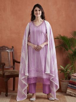 Jaipur Kurti - Women Purple Striped Straight Kurta with Pant and Dupatta